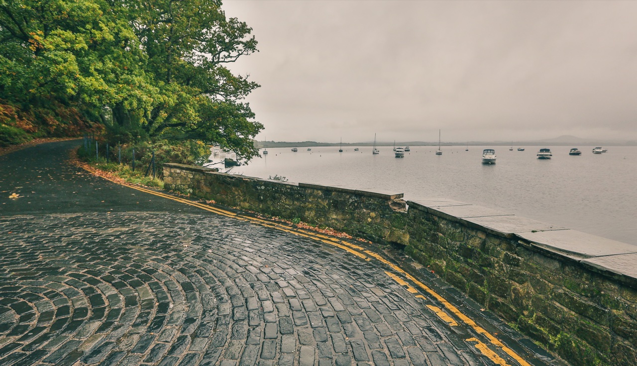 Balmaha shore road beside Loch Lomond, with moored boats and wooded hills beyond.