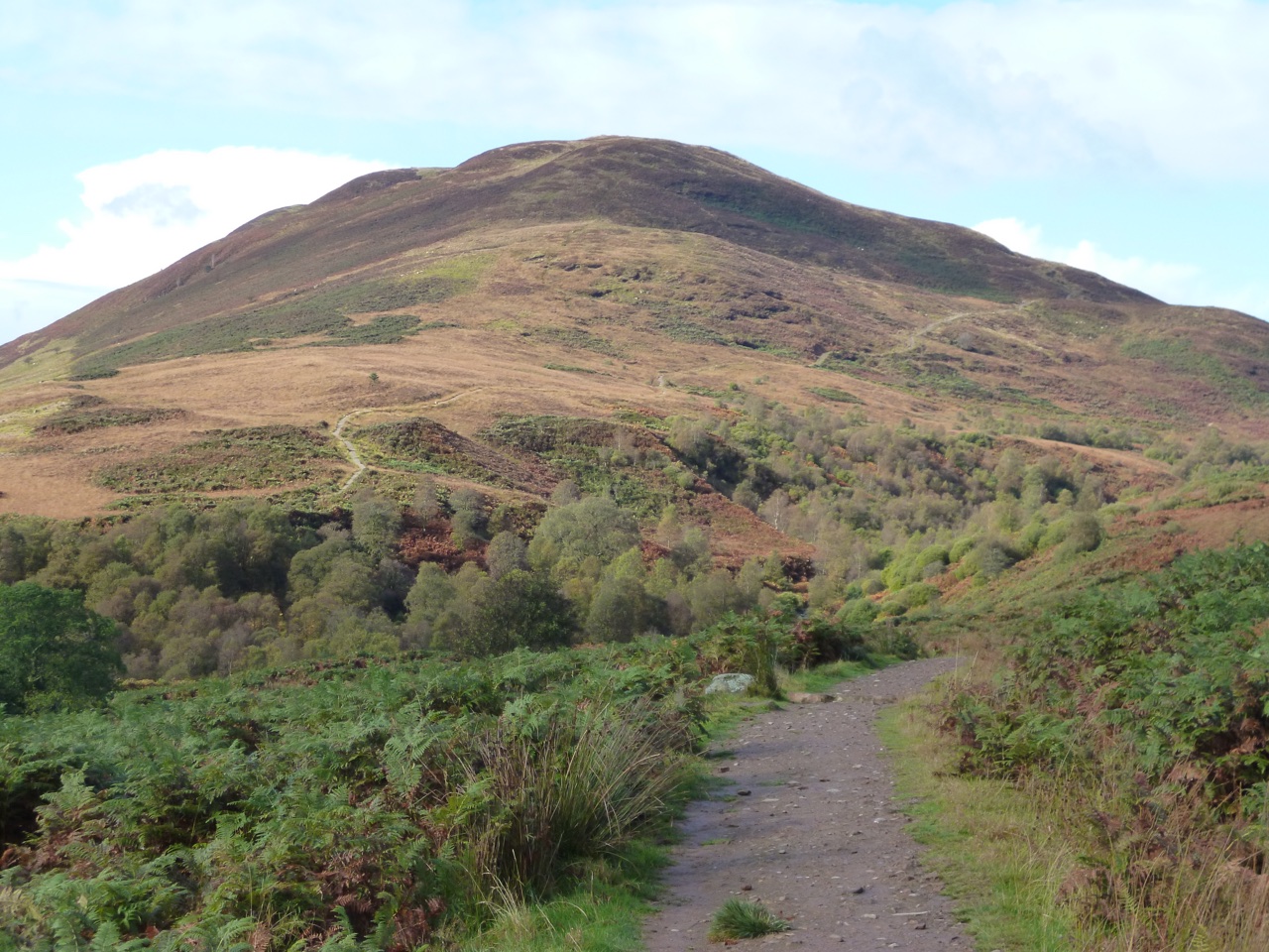 Conic Hill seen from the West Highland Way path near Balmaha—area context for places to stay.