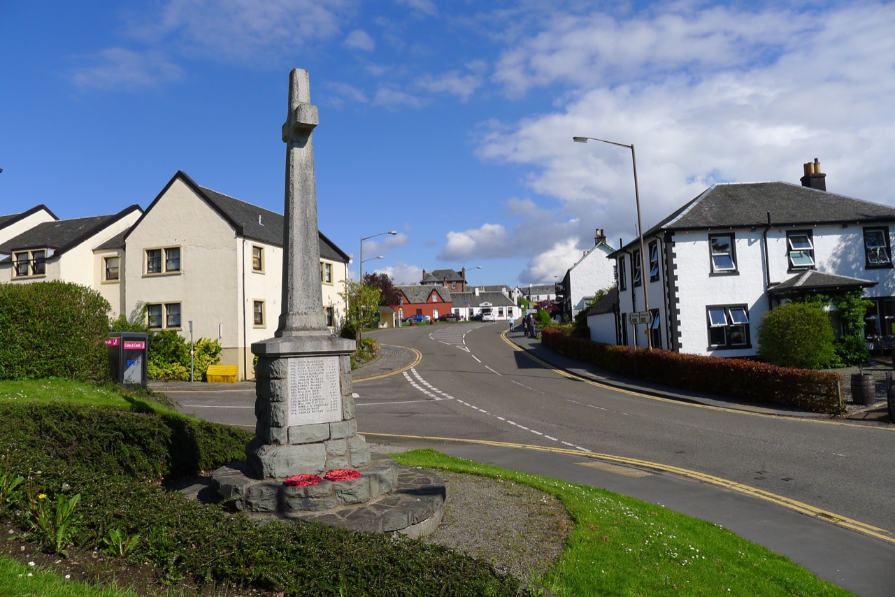 Drymen village centre with the war memorial and Main Street—area context only, not a recommendation of any place to stay.