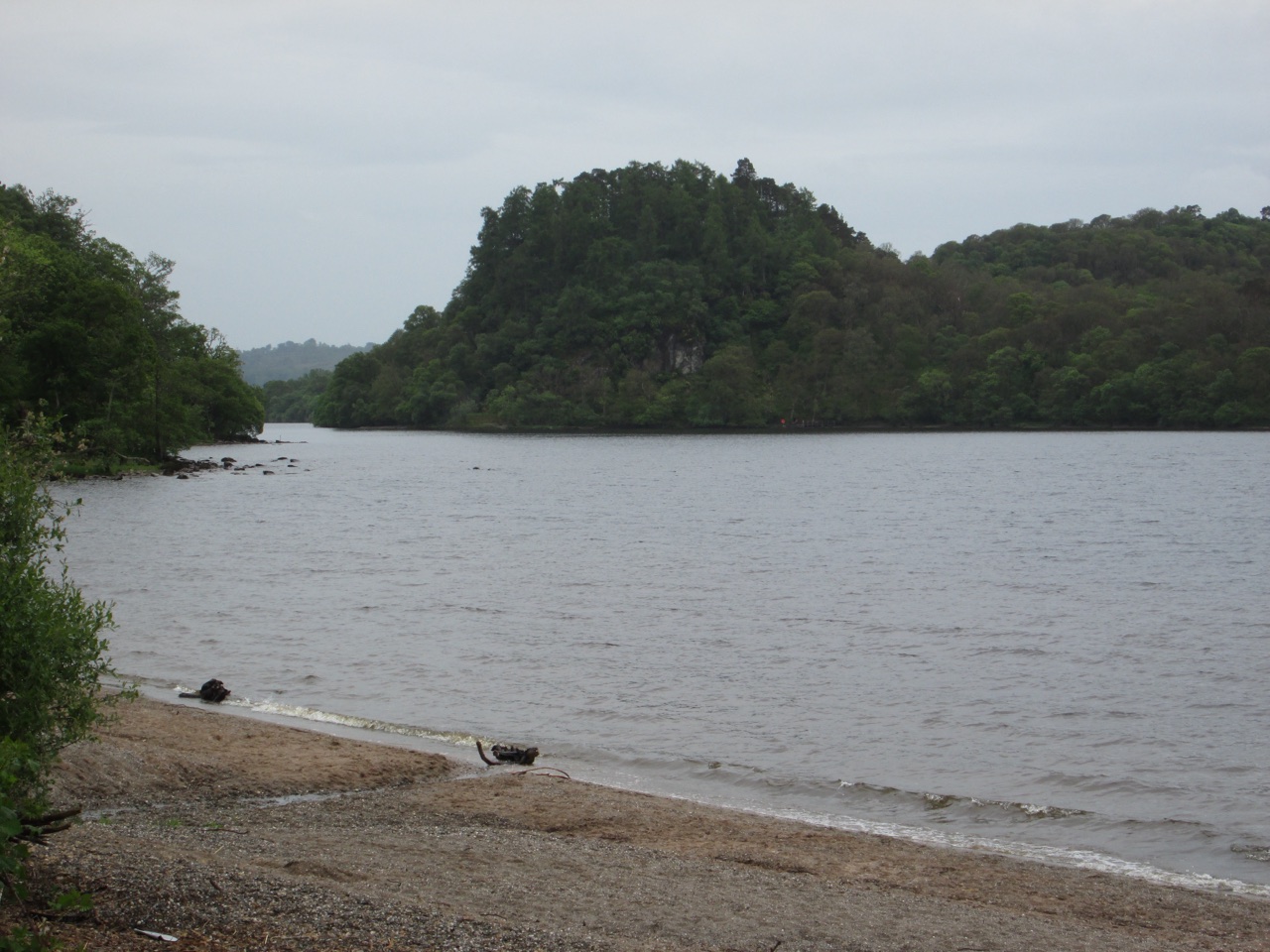 Wooded island of Inchcailloch on Loch Lomond, seen from a pebble shoreline.